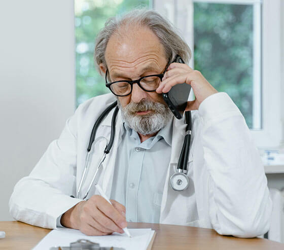An experienced doctor on a phone consultation while writing a prescription