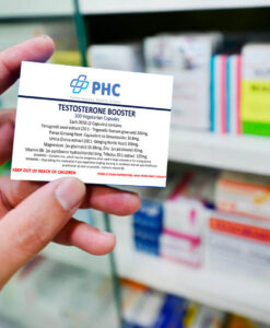 Hand holding a box of Performance Health Clinic's vegetarian Natural Testosterone Booster capsules, designed to enhance testosterone levels and support natural vitality.