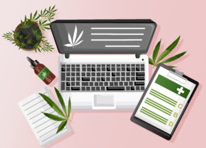 Cannabis composition with organic CBD oil, prescription papers, and dried flower placed around a laptop, illustrating how easy it is to get a CBD oil prescription online.